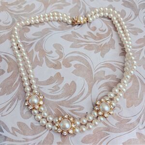 Vintage Faux Pearls & Rhinestones Necklace 2 Strand 16” Gorgeous